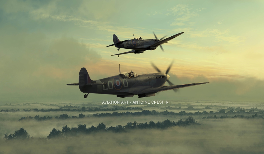 Jacques Remlinger and Pierre Clostermann taking off on a foggy morning. Spitfire MkIX, England, 1944