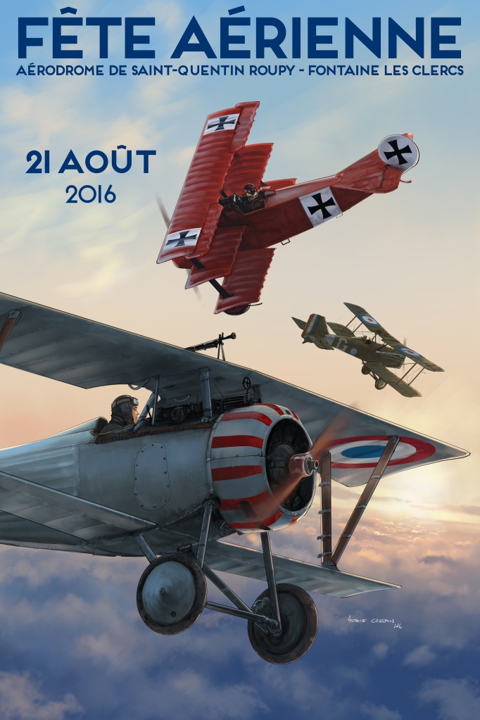 French Nieuport 27, German Fokker DR1 and British SE-5 engaged in an early morning dogfight. 